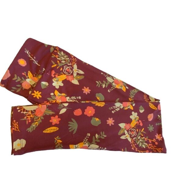 1250 LuLaRoe Leggings Size OS Maroon Orange Floral Abstract Print New - Picture 1 of 4
